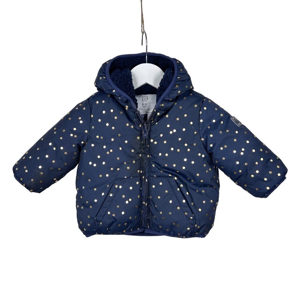 Baby Gap Navy Polka Dot Print Hooded Puffer Jacket Size 6-12 Months